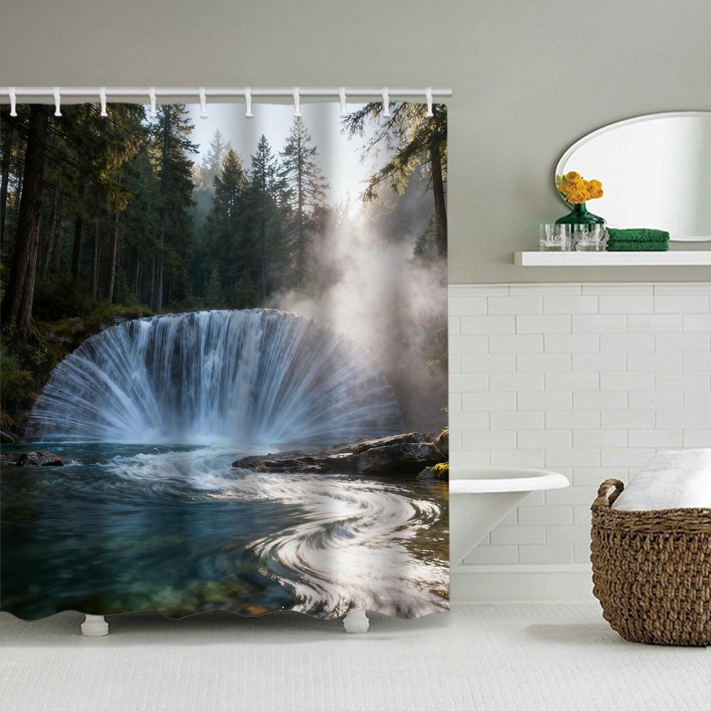 1/4 Forest Waterfalls  Print Shower Curtains, Toilet Seat Decoration, Shower Curtain with Carpet and Toilet Lid, 70.8x70.8 Inch