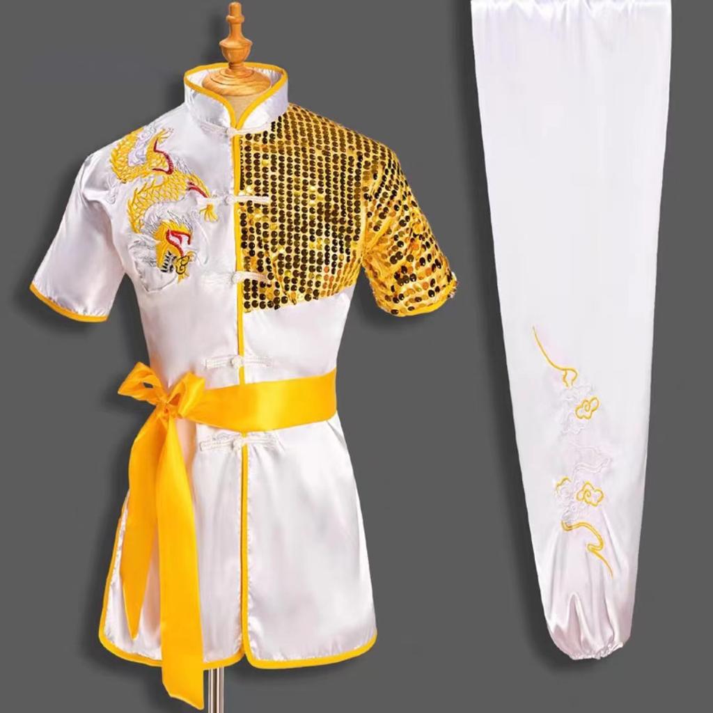 Męski Styl Chiński Kobiety Dzieci Haftowany Smok Strój Kung Fu Tai Chi Wushu Uniform Zestawy Kurtka Spodnie Sport na Zewnątrz
