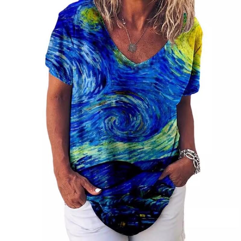 Camiseta de Verano para Mujer con Estampado Floral, Cuello en V, Holgada y de Manga Corta