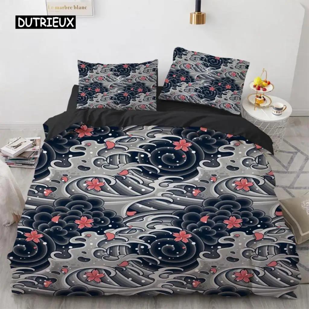 Wave Duvet Cover Set Hokusai Pattern Japanese Ukiyoe Quilt Cover Oriental Sketch Style Ocean Queen Twin Polyester Bedding Set