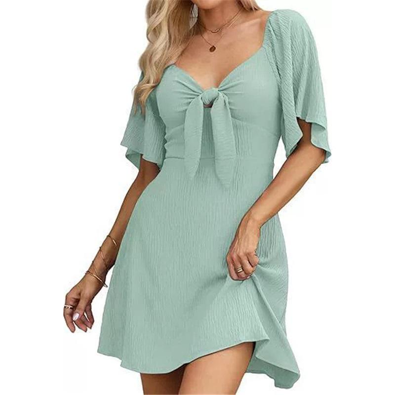 European And American Style Ladies V-neck Bow Tie Short-sleeved Mini Dress Solid Color Waist Loose Casual Long Skirt