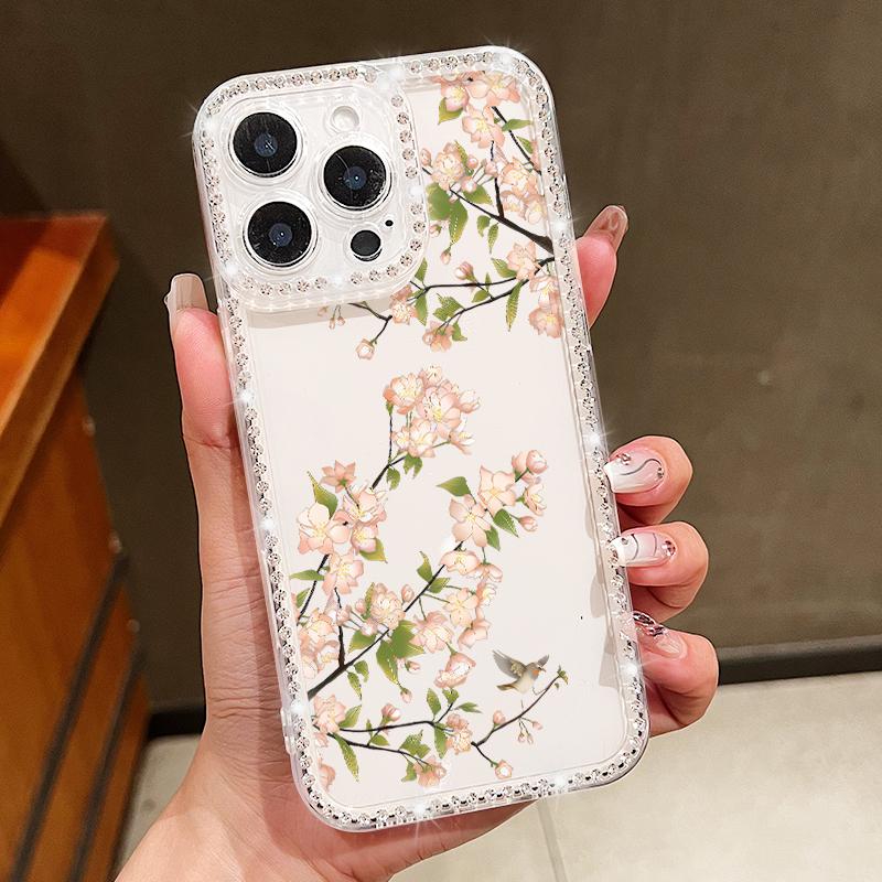Flower Pattern Clear Soft Silicone Case For iPhone 16E 16 Pro Max 15 Pro 14 13 12 11 Diamond Frame Shockproof Transparent Phone Cover