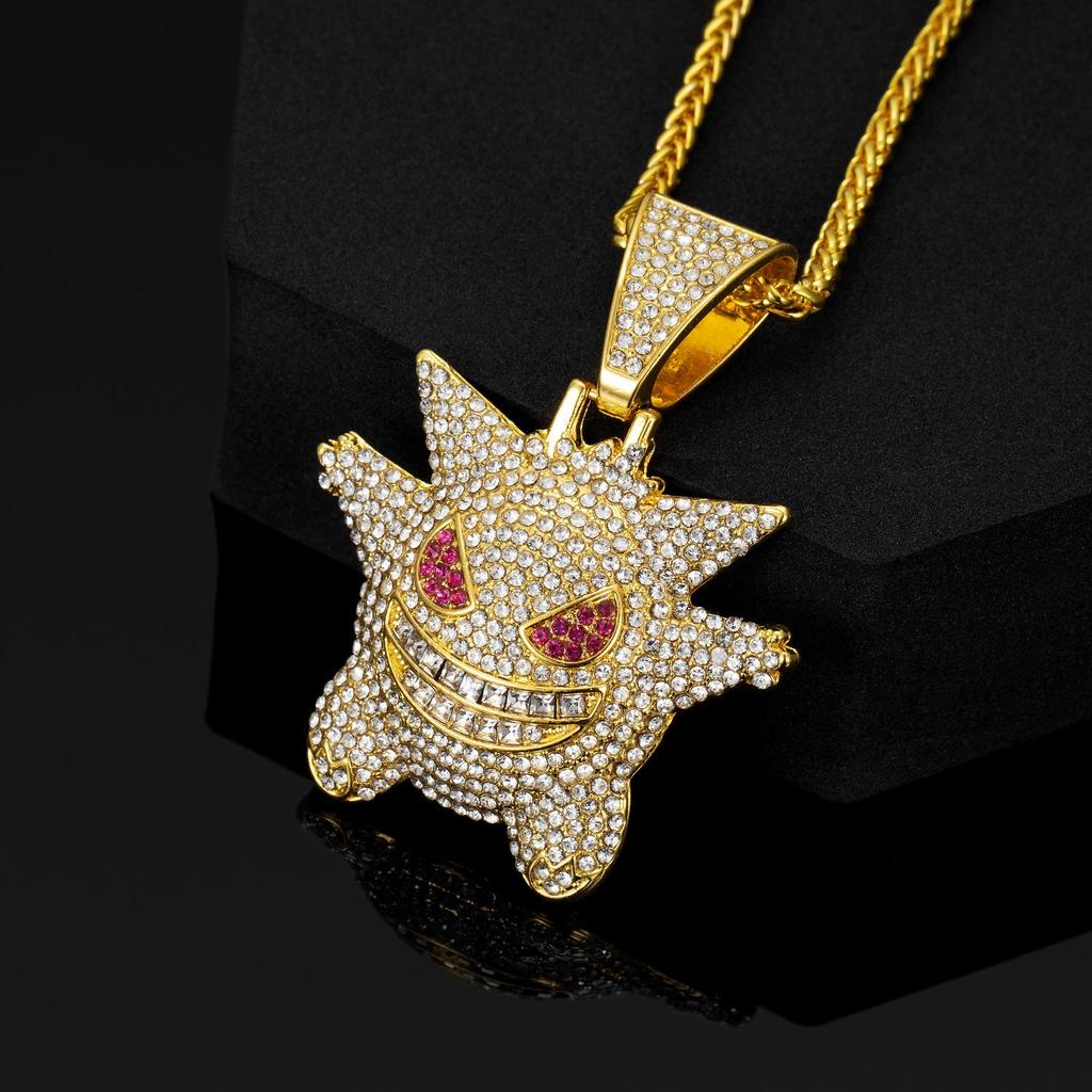 Přehnaný hip-hopový náhrdelník s přívěskem Gengar: Slitinový kreslený řetízek na svetr s plnými diamanty