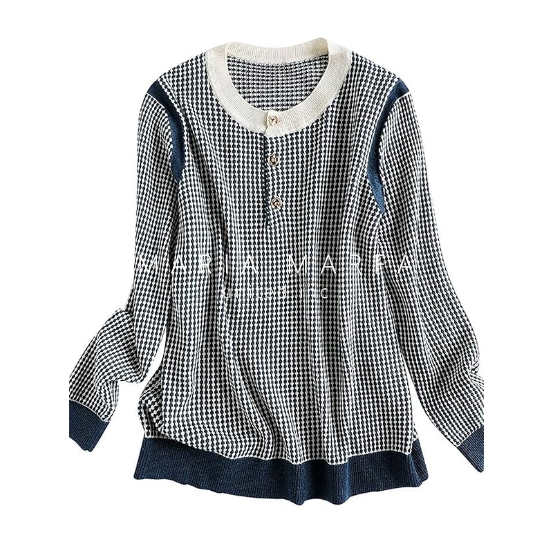 [MARIA MARFA] ladies tops spring knit check pattern wind adult office casual fashionable neat and clean Neat clothes l blue 5S-M06-BLL