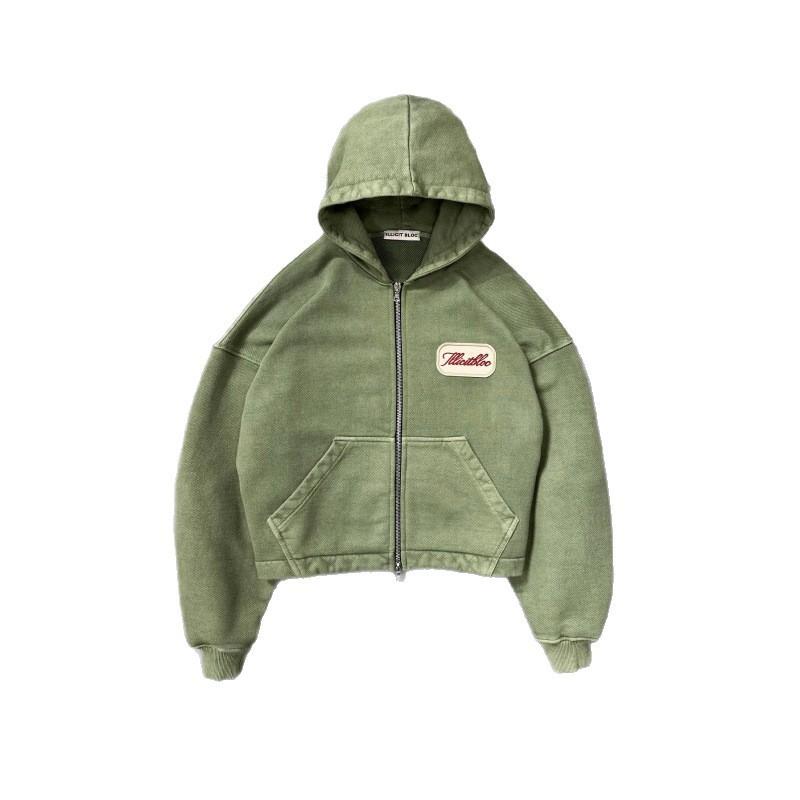Unisex Retro Streetwear Hooded Zip-Up Sweatshirt With Letter Print Loose Fit Long Sleeve