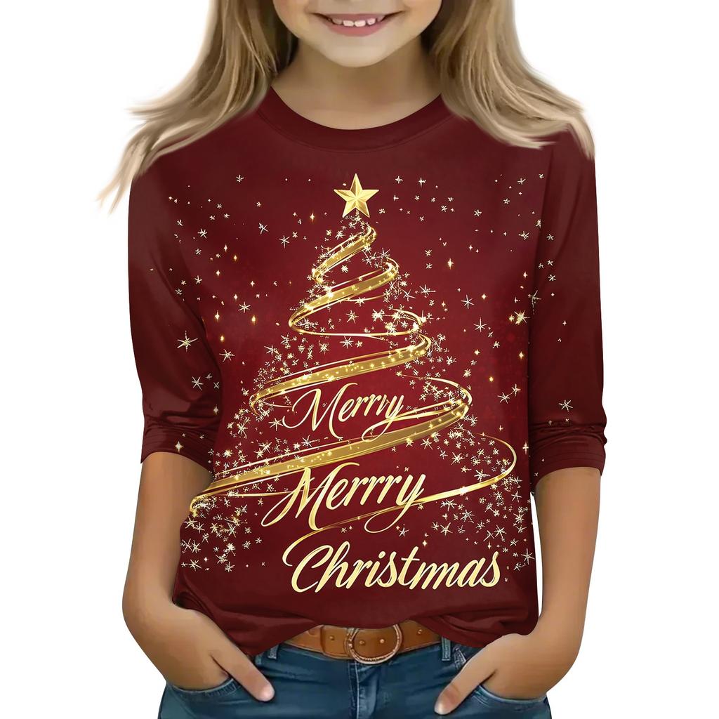 Children's 3/4 Sleeve Tops Casual Christmas Print T Shirt Round Neck Pullover Blouse