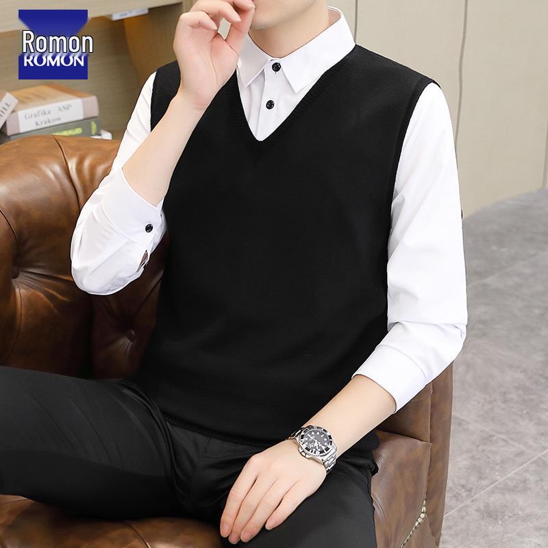 

Romon Men s Fleece-Lined Shirt Collar Sweater: Fake Two-Piece Knitted Casual, Thickened for Spring & Autumn 2XL (140-150 jin)