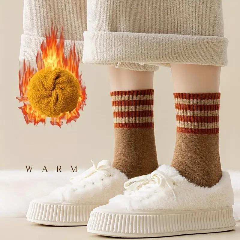 10 Double Autumn Winter Women Thick Middle Tube Socks Comfortable Warm Fashionable Striped Casual Terry-Loop Socks