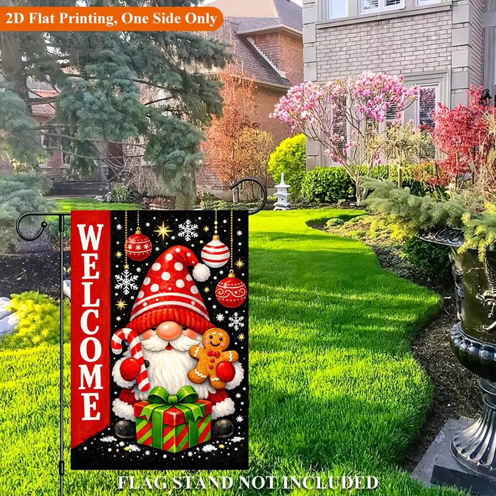 Gnome Santa Holds Candy Gift Single Sided Polyester , Garden Flag - Single-Sided, Polyester, Outdoor Yard Decor