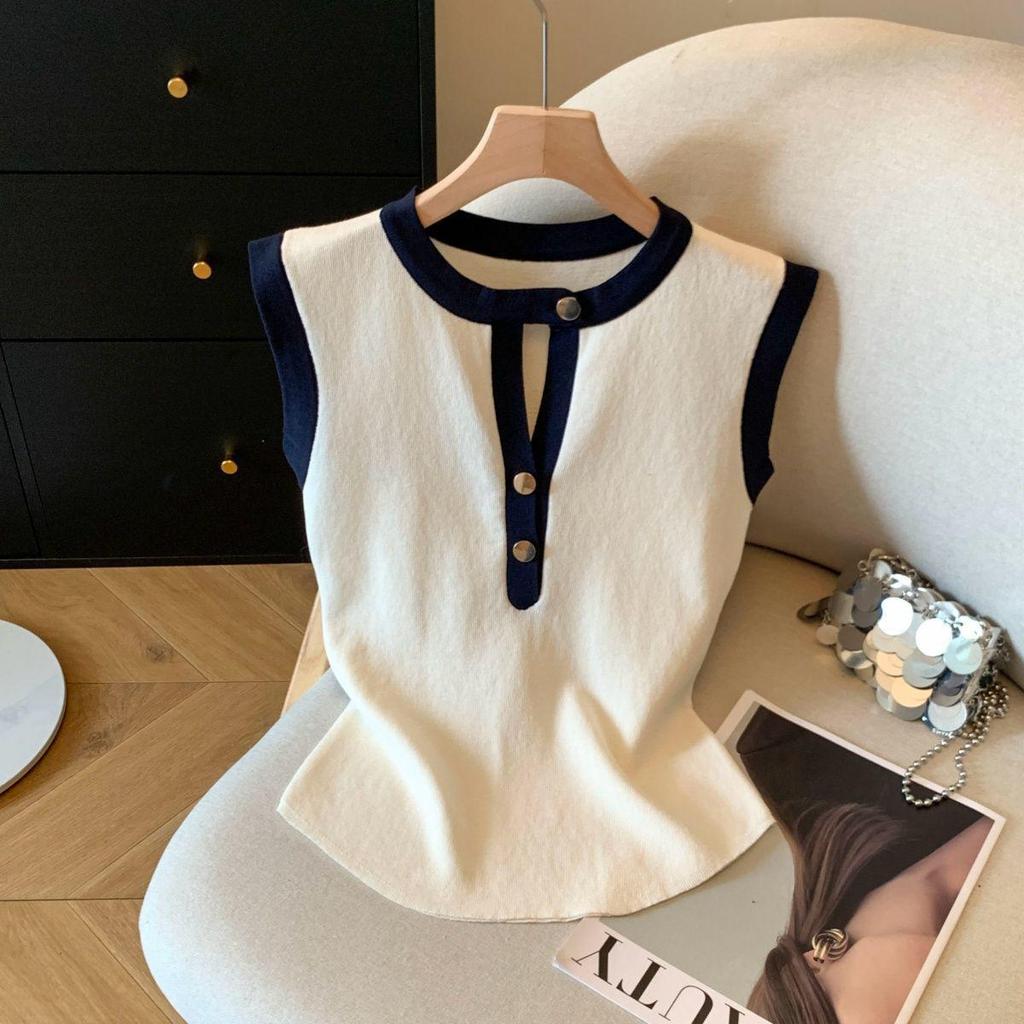 Hong Kong Style Color Block Sleeveless Camisole - Sweet, Slimming, Button-Up Top