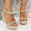 New Plus Size Bohemian Bead Wedge Sandals 2025 Summer Fashion Round Toe Open Toe Platform Elastic Band Ankle Strap Women's Shoes