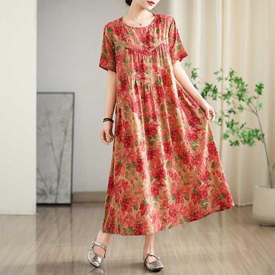 Vestido de Verão Novo Vintage de Algodão e Linho Estampado com Gola Redonda e Manga Curta para Mulheres Corte Solto Tamanho Grande Design Emagrecedor com Padrão Patchwork