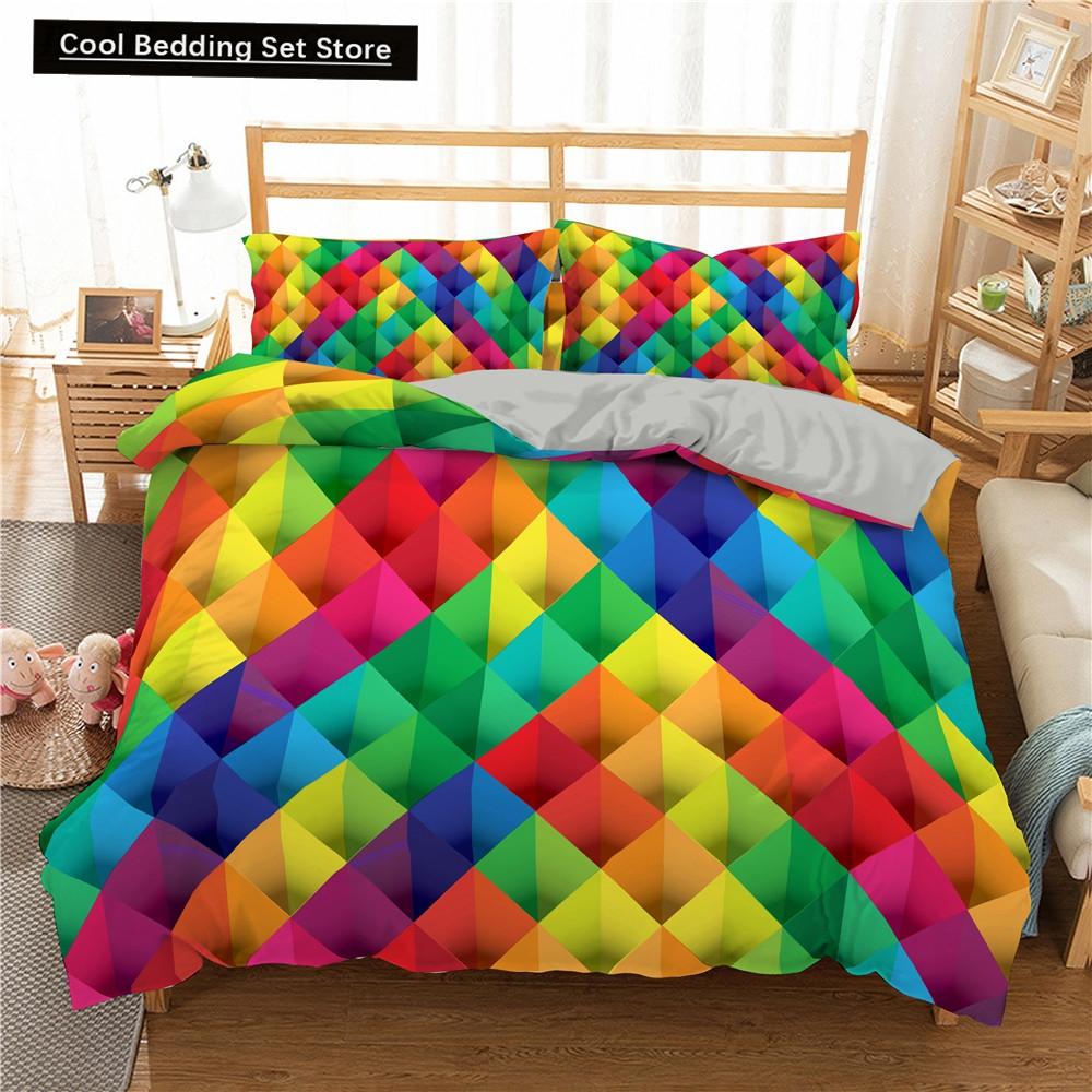 Colorful Toy King Queen Duvet Cover 3D Building Block Pattern Bedding Set Fun Brick Quilt Cover Gradient Rainbow Comforter Cover