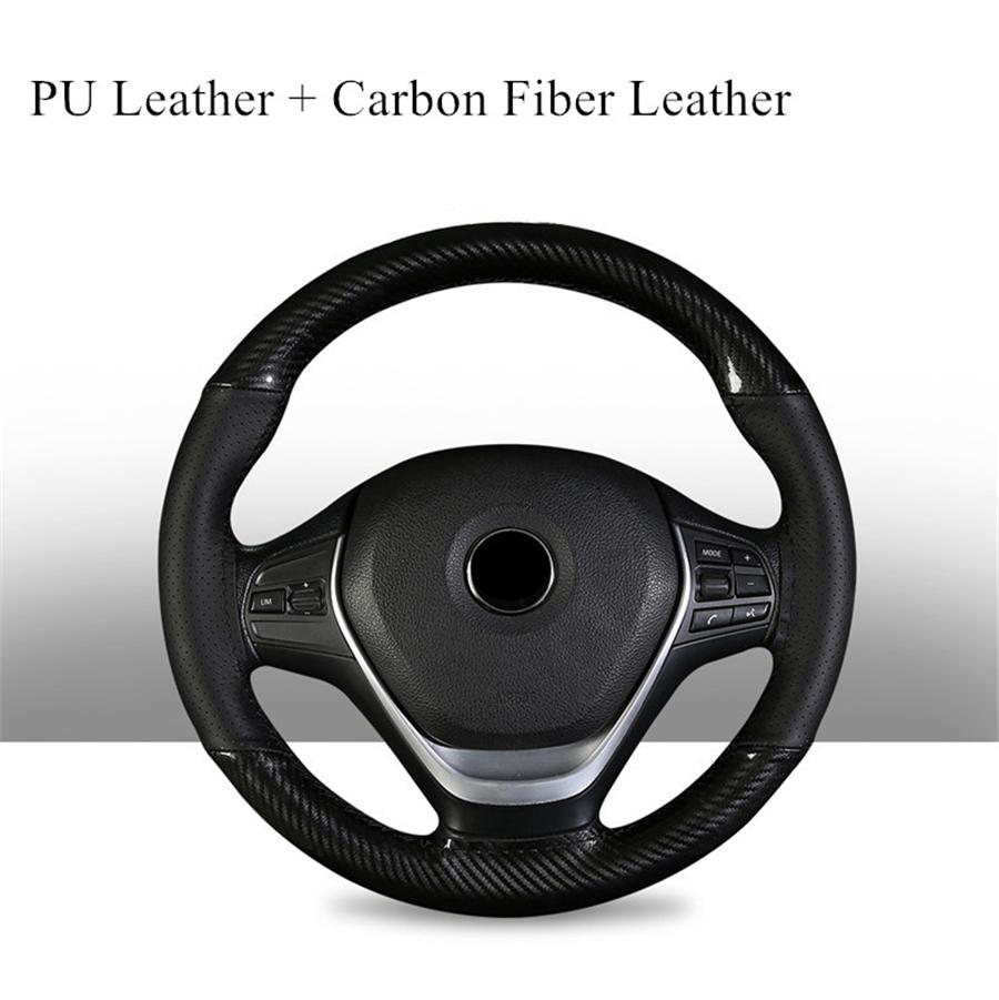 38cm PU Leather DIY Black Carbon Fiber Deluxe Car Steering Wheel Cover Trim 1Pcs