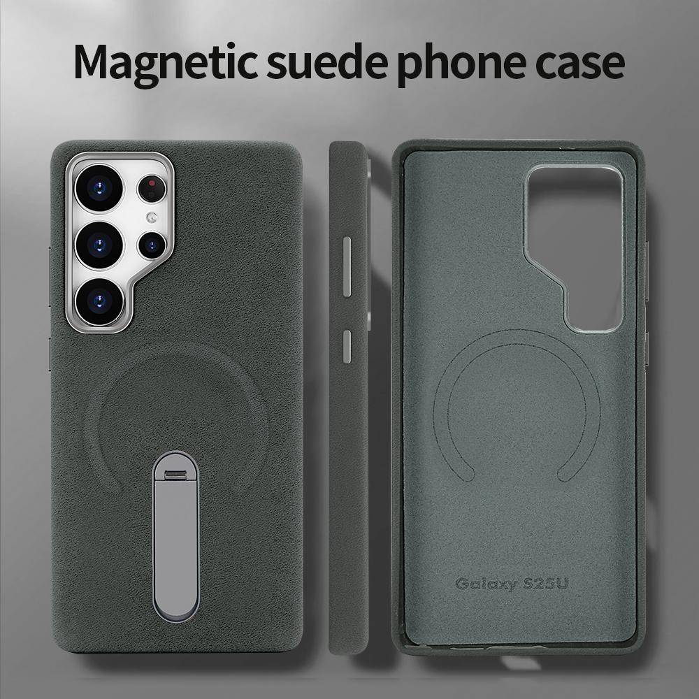 Suede Magnetic Wireless Charging Protective Phone Case with Metal Stand for Galaxy S24 Ultra/ S25 Ultra, Metal Camera Protection