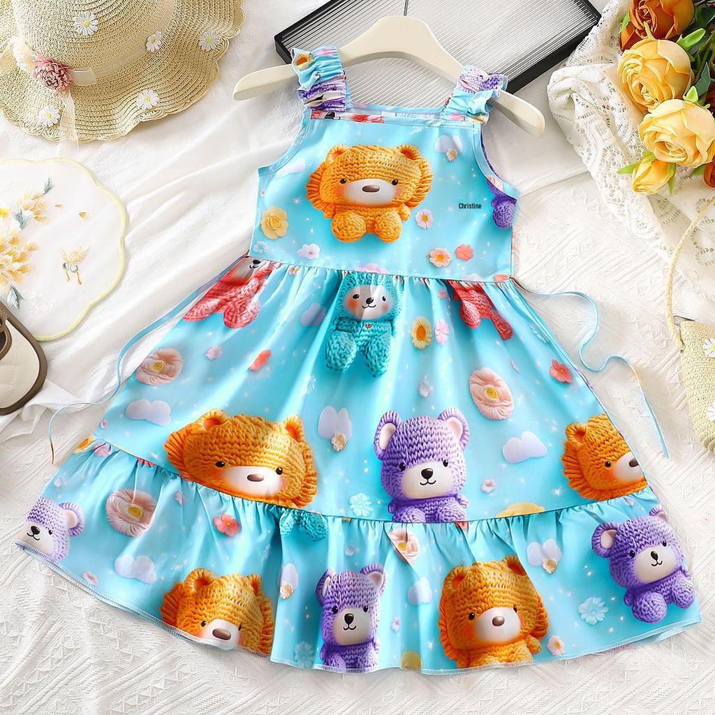 Neues blumiges ärmelloses Prinzessinnenkleid für Mädchen - dreilagiger Kuchenrock, mittellang