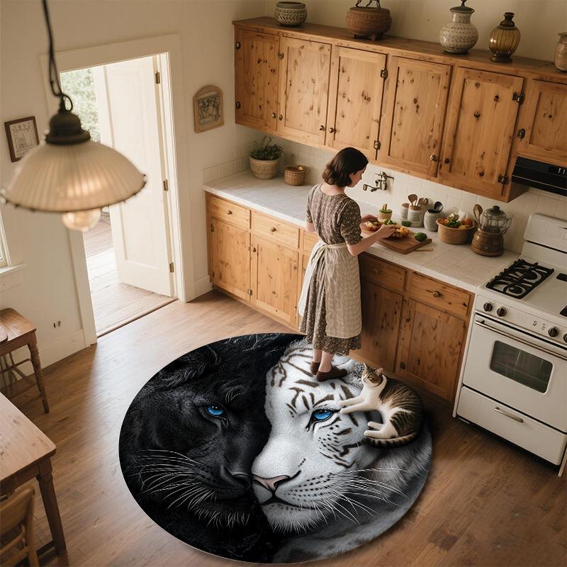 Black and White Tiger Round Area Rug,Carpet Rug for Living Room Bedroom Sofa Playroom Decor,Non-slip Floor Mat