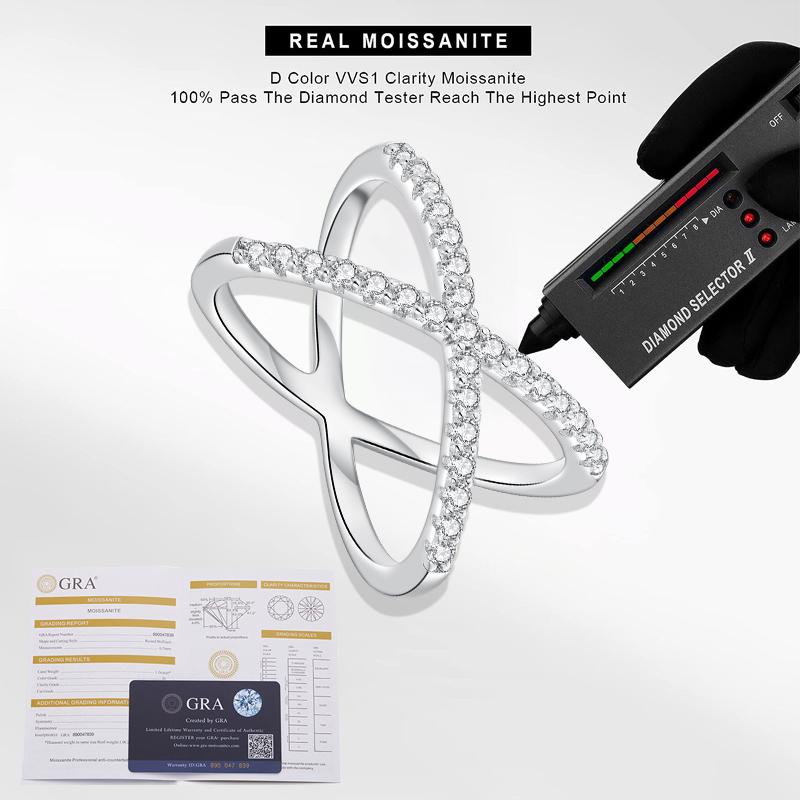 BAMOER Bague de mariage croisée en moissanite pour femme, couleur D VVS1 moissanite empilable X Anneau de promesse Bijoux fins de mariage