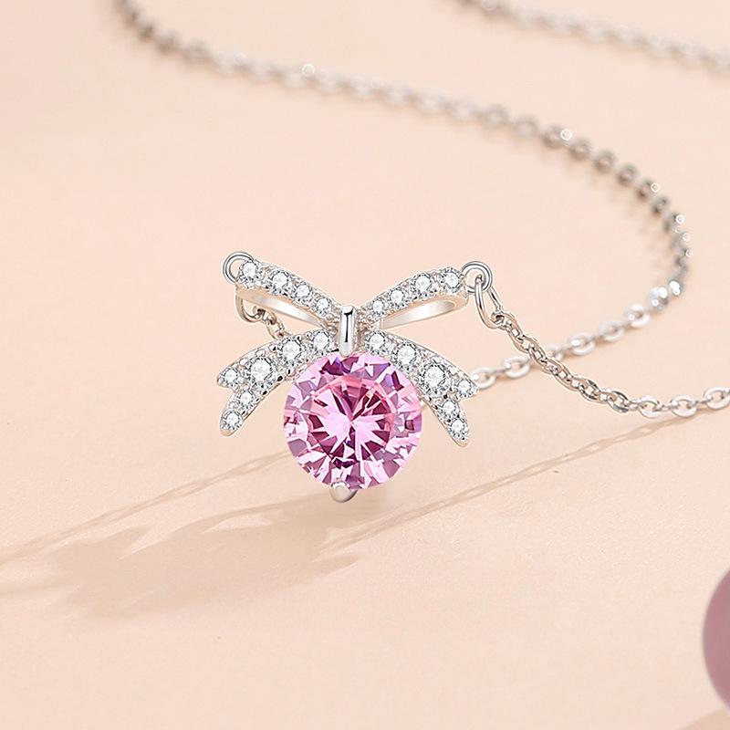 Bow Necklace Women'S Light Luxury Niche Design Butterfly Dream Collarbone Chain Pink Zircon Princess Knot Neck Chain Quality