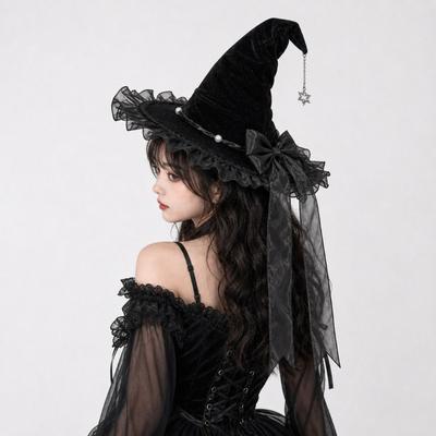 Star Pendant Lolita Witch Hat Lace Wizard Cap Party Props Pointed Mage Hat  Halloween Party