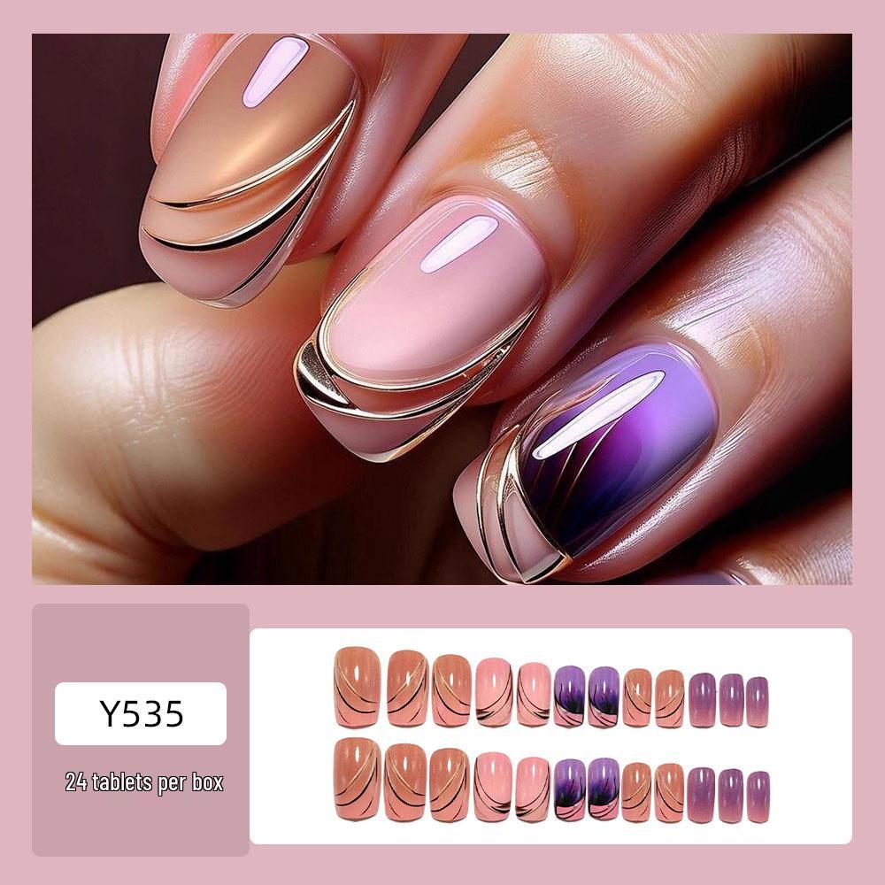 Detachable Striped Pattern False Nails - Wearable Medium Square European & American Nail Art Stickers