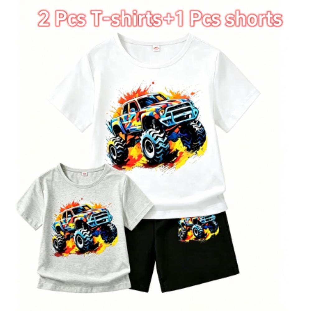 Cartoon Car Print Outdoor Street Kids T-shirt and Shorts Summer Home Casual Outfit Boy and Girl's Sports Set