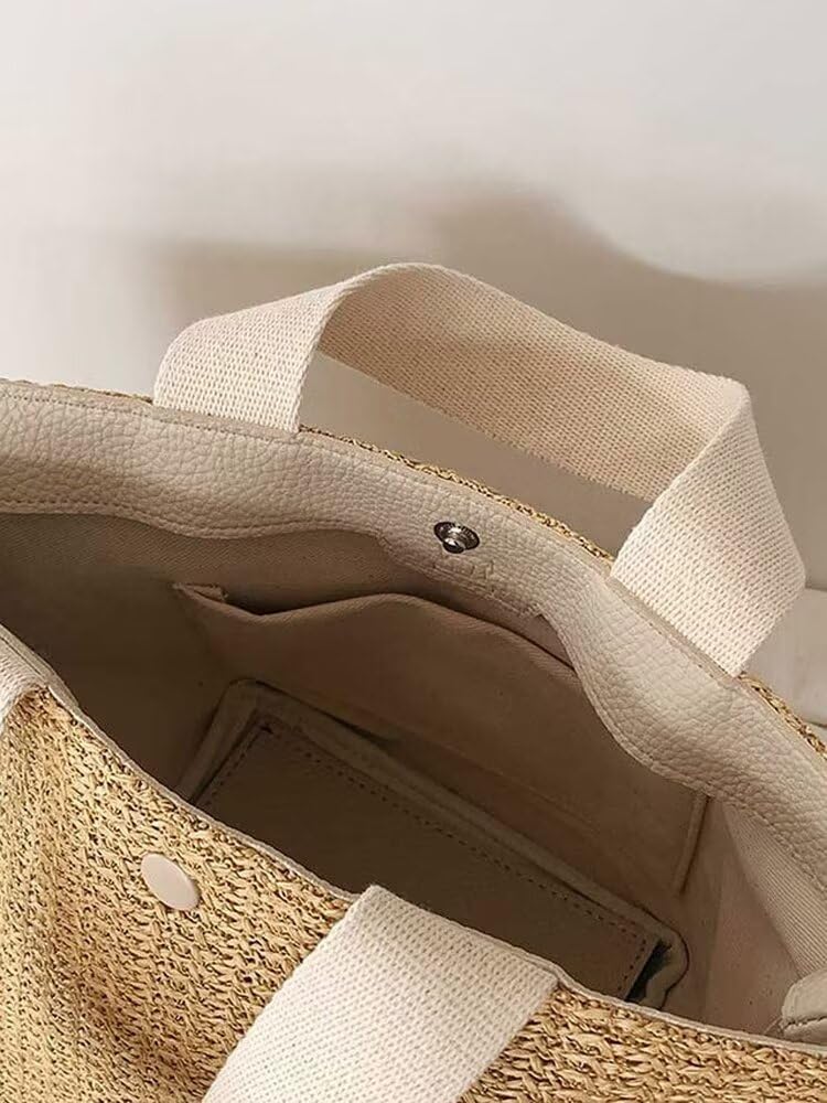 [Uroi] Women's Straw Basket Bag, Handbag, Spring, Summer, Autumn, with Lining, No Drawstring Bag, Lightweight, Woven Bag, Summer Bag, Perfect for