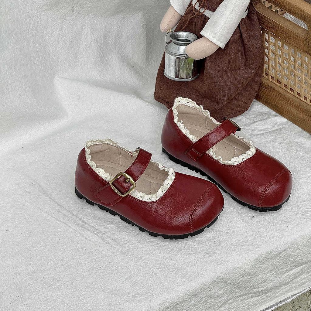 XSHX Vintage Children's Wide Show Shoe Head Mary Jane Leather Shoes Princess Lace French Medieval Autumn Wenzhou Girls
