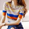 Women Sweaters Pullovers 2025 Summer Short Sleeve O-Neck Striped Slim Knitted Sweater Women Tops Pullover JJ315