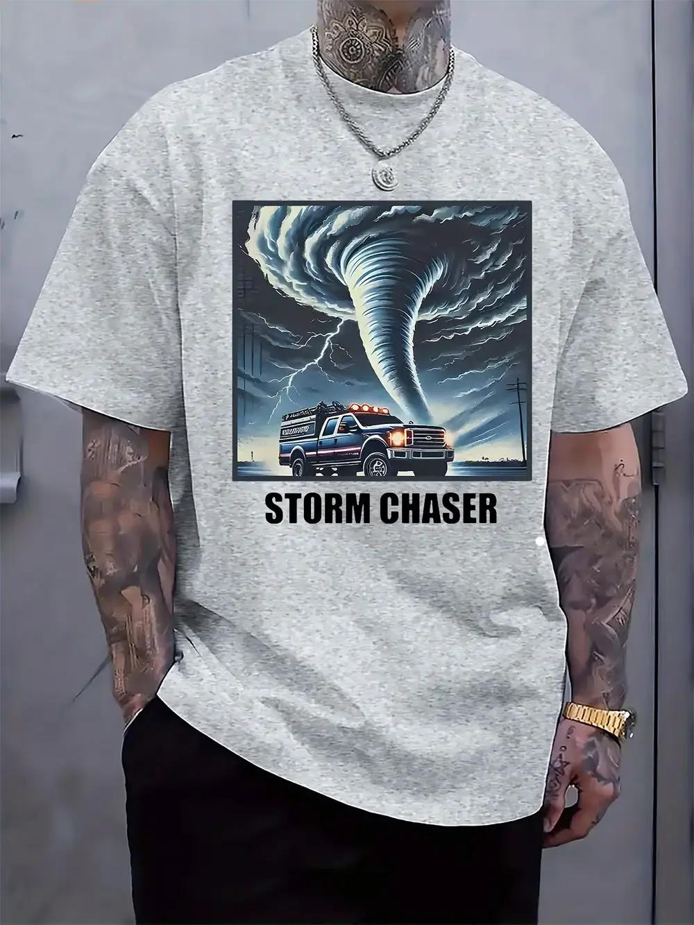 

Storm Chaser Graphic T-shirt - Regular Fit Casual Short Sleeve Tee with Tornado & Classic Car Print XXXL
