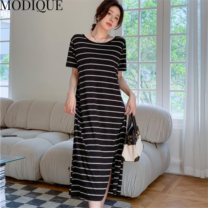 MODIQUE Summer Plus Size New Dress Shirt Women Loose Striped Solid Cotton Linen Backless Dress Casual Female Dresses O-Neck Short Sleeve