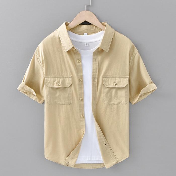 Einfaches Freizeit-Baumwollhemd für Herren Kurzärmlig Sommer Locker sitzend Doppelpattentaschen Arbeitshemd