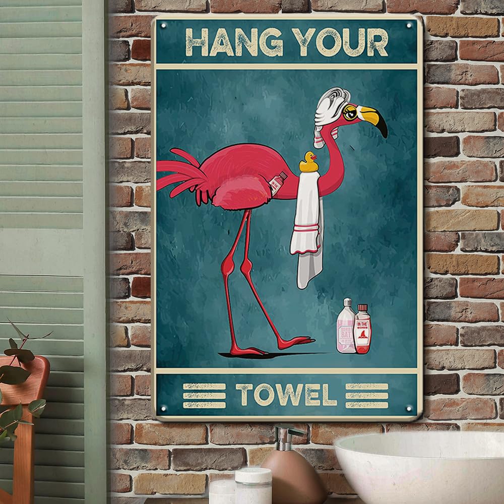 Flamingo Decor Funny Bathroom Signs,Hang Your Towel,Flamingo Bathroom Decor Bathroom and Bathtub Metal Tin Sign Funny Bathroom D