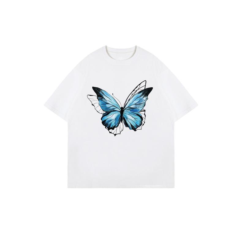 Oversized T-Shirt Black Blue Butterfly Print Casual Wear