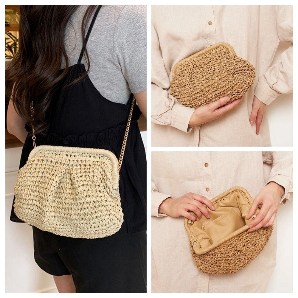 Hollowed Out Shell-shaped Weave Bag Chain Strap Beach Bag Casual Straw Shoulder Bag Summer