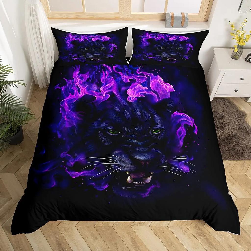 Galaxy Tiger Duvet Cover Set Blue Nebulas Stars Moon Bedding Sets Outer Space Wildlife Sky Starry King Comforter Cover Set