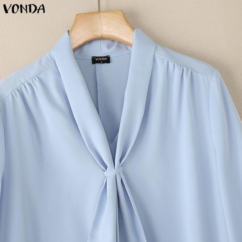 VONDA Womens Casual Tie Up V Neck Long Sleeve Casual Office Shirts Blouse