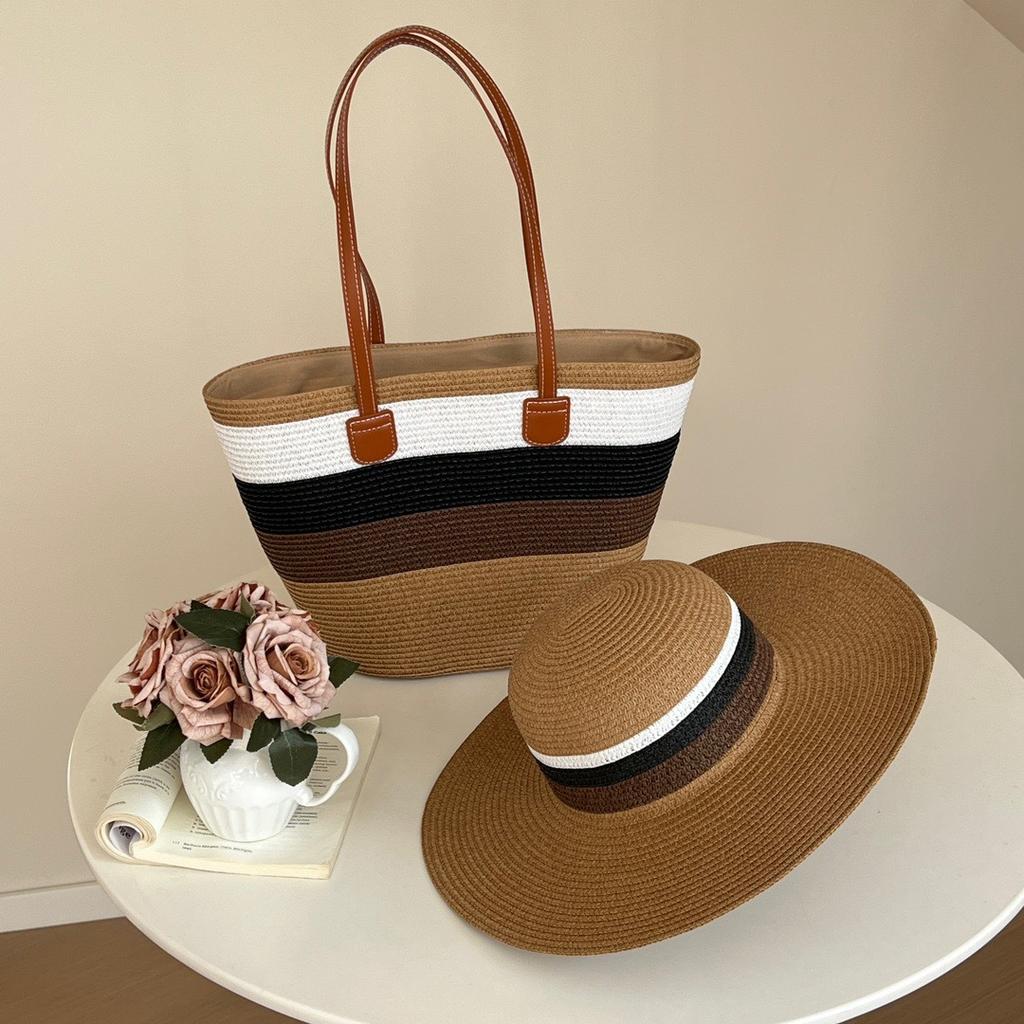 Straw Bag White Beach Hat Women's Summer Beach Tote Bags Outdoor Travel Vacati Large Capacity Shoulder Handbag Shade Beach Hat