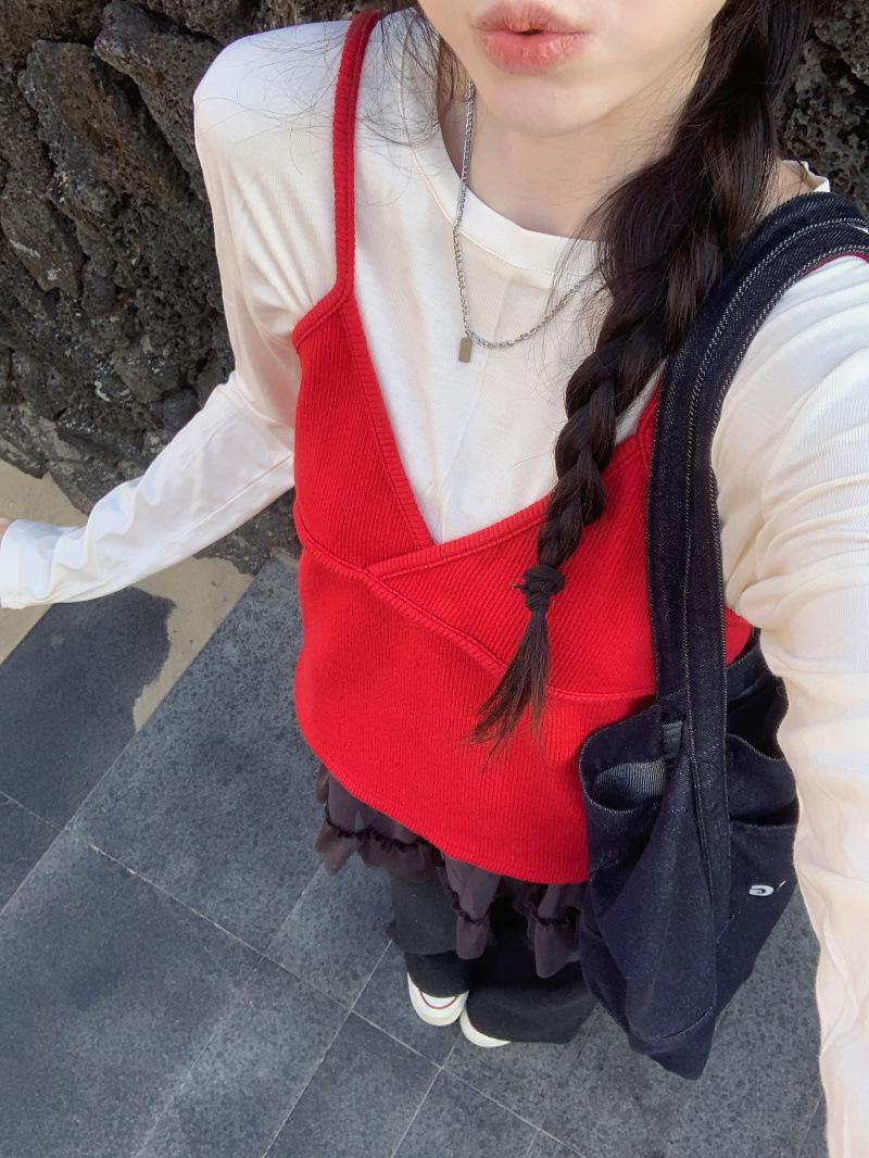 

Korean Winter Chic Layered Camisole with Mesh Spliced Fleece Pants - Women s Two-Piece Set One Size