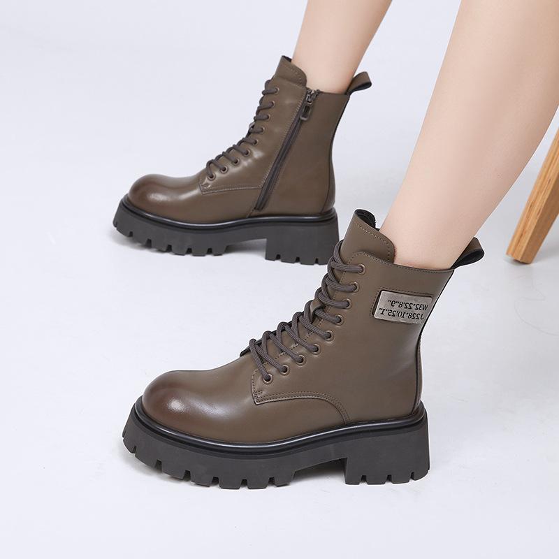 Leather Martin Boots Women's 2025 Winter New Medium Tube Women's Boots Thick-soled Heightening Velvet British Style Versatile Short Boots
