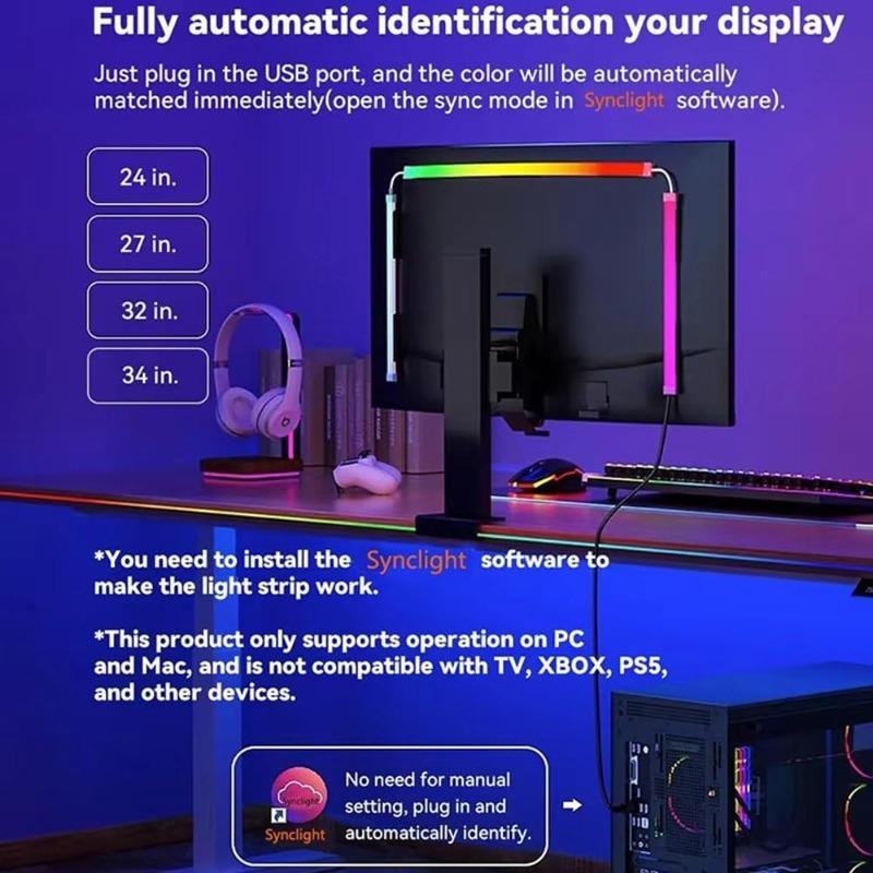 Monitor Led Backlights, RGB Pc Light for Monitor, Smart Led Light Monitor That Sync with Screen Color Or Music, LEDs for Desk Gaming, USB Port, 24in