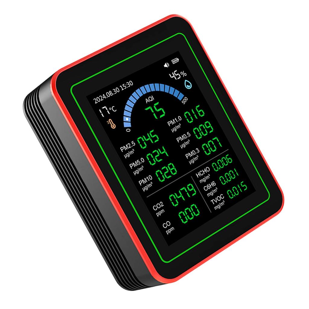 Air Quality Meter 18 In 1 CO2 TVOC HCHO PM2.5 PM10 Temp Humid Detect Tester Indoor Battery Powered Data Storage Black