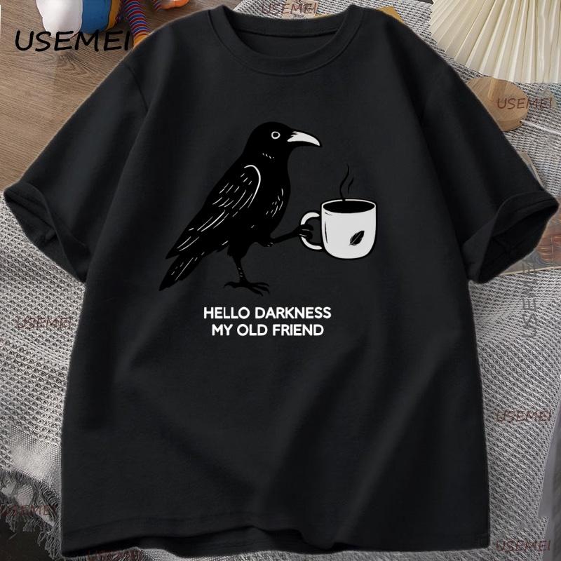 Vintage Crow Coffee T Shirt Halloween T-Shirt Fall Tee Women Men Cotton Tops Creative Crew Neck Tees