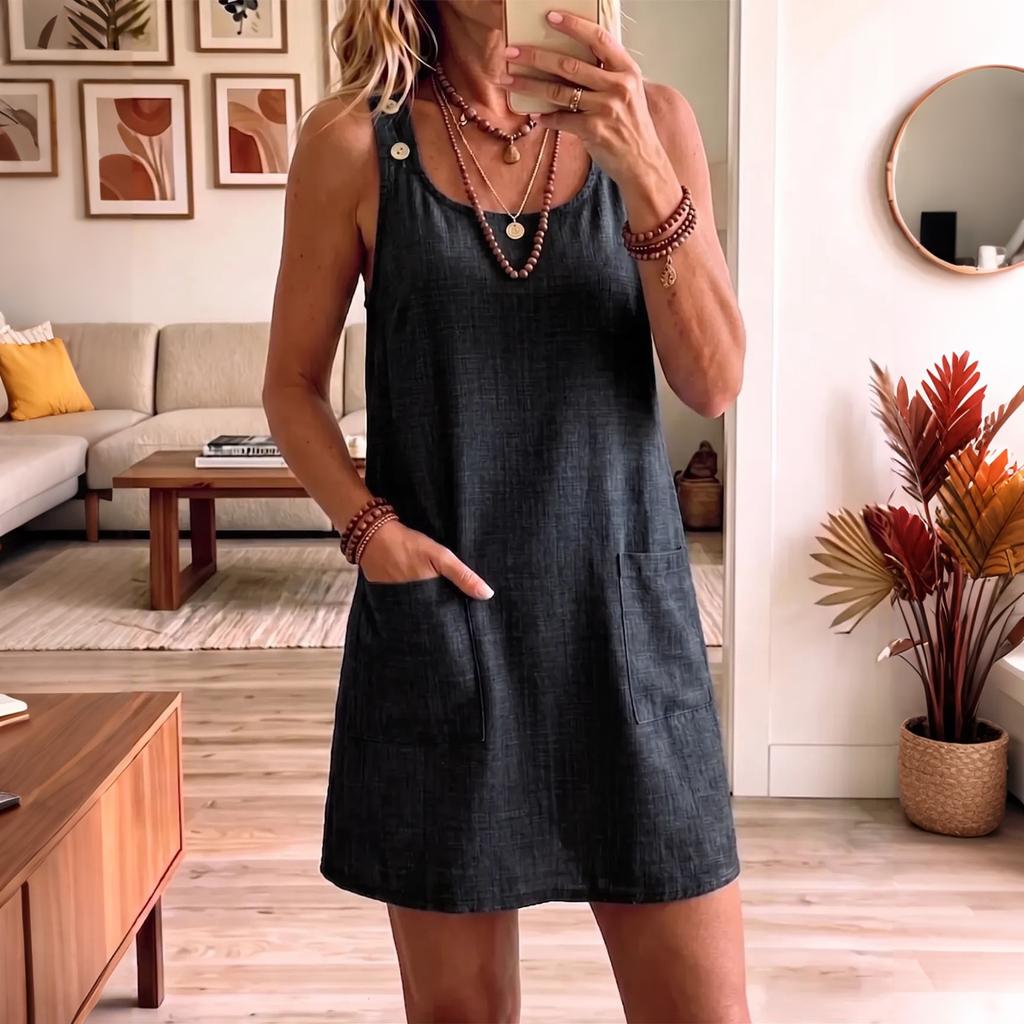 Women Sleeveless Crew Neck Casual Tank Dress with Front Pockets and Button Detail Solid Color Relaxed Fit Vest Dress