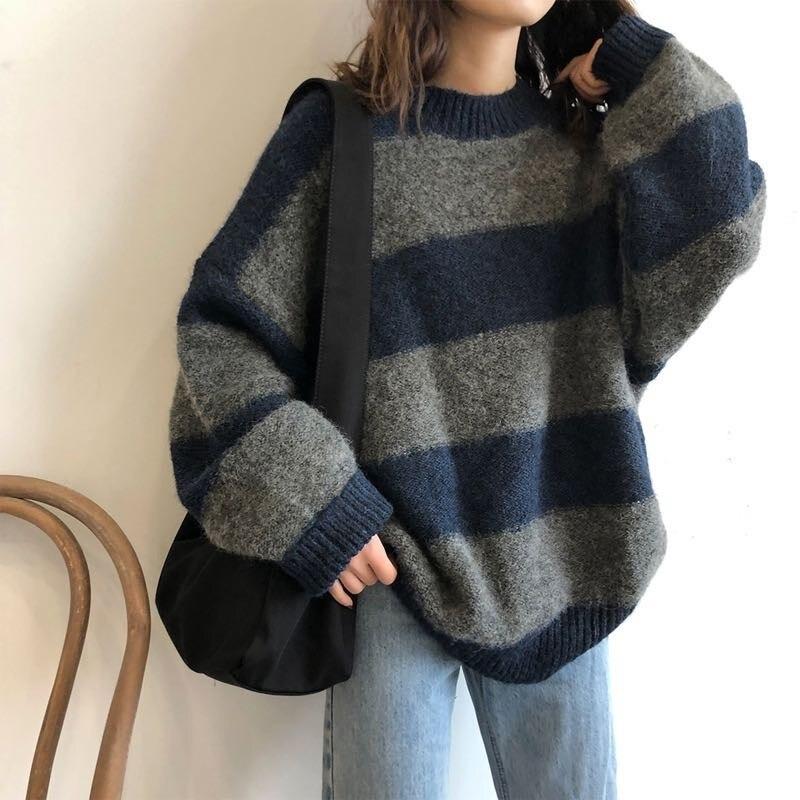 Utumn Vintage O Neck Knitted Pullovers Sweater Women Loose Casual Contrast Striped Sweaters Winter Warm Knitwear Jumpers 28594