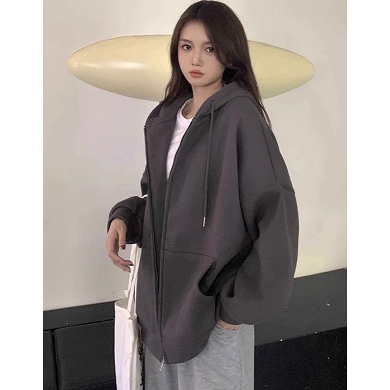 Women's Red Hooded Zip-Up Cardigan - New Year Battle Robe Style, Plus Velvet, Petite Loose Fit for Spring & Autumn