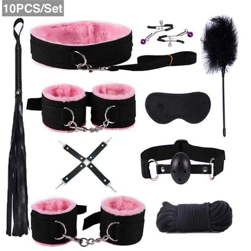 10PCS  Bed Restraints Sex Toy Kits Handcuffs 18+ Adult Sex Game Sexy Suit Nipple Clipper Mouth Gag Whip Sex Feather Soft SM