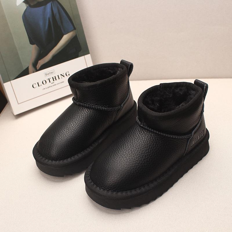 2025 Winter Genuine Leather Kids' Fleece-Lined Snow Boots - Warm, Thickened Short Boots for Boys and Girls