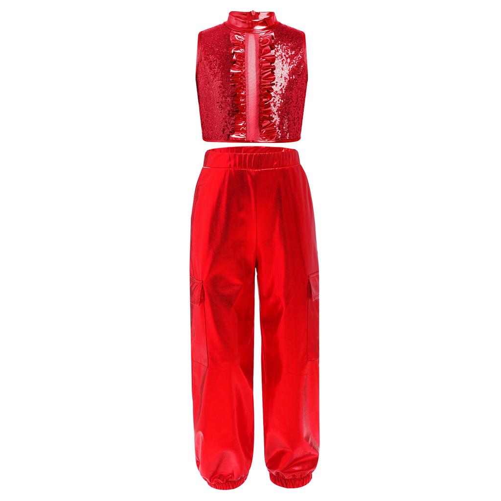 Mädchen Jazz Dance Outfit Rollkragen Ärmellos Pailletten Metallisches Patchwork Rüschen Crop Top Glänzende Hose