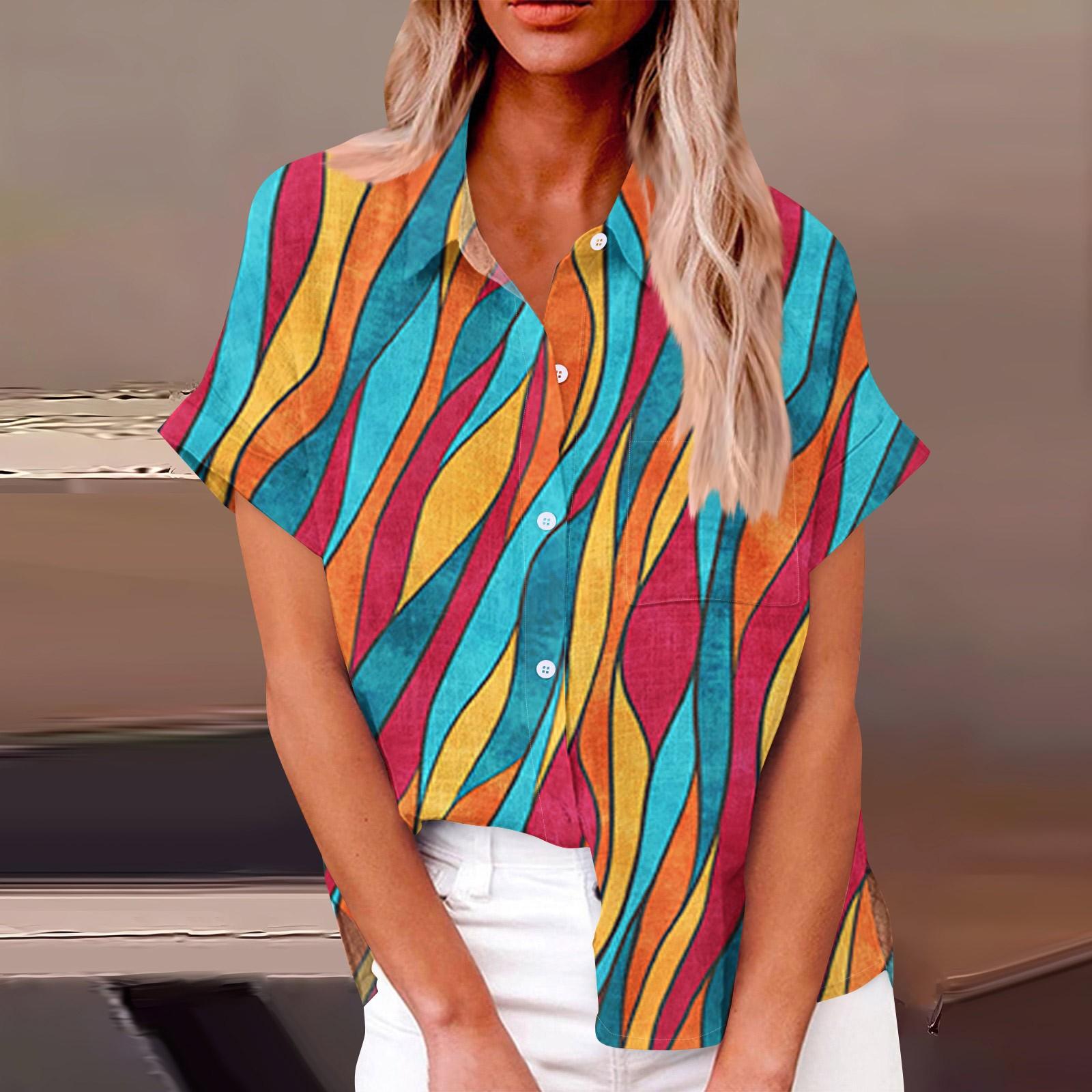 

Women s Fashion Casual Button 3/4 Sleeve Striped Print Lapel Top XL гарячі рожевого кольору